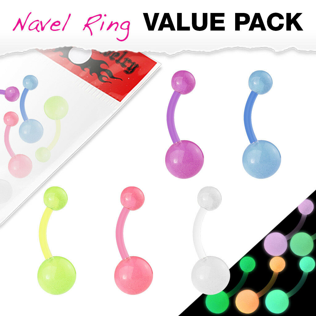 5pc Value Pack Bioflex Glow in the Dark Belly Rings 14g Navel Naval Body Jewelry