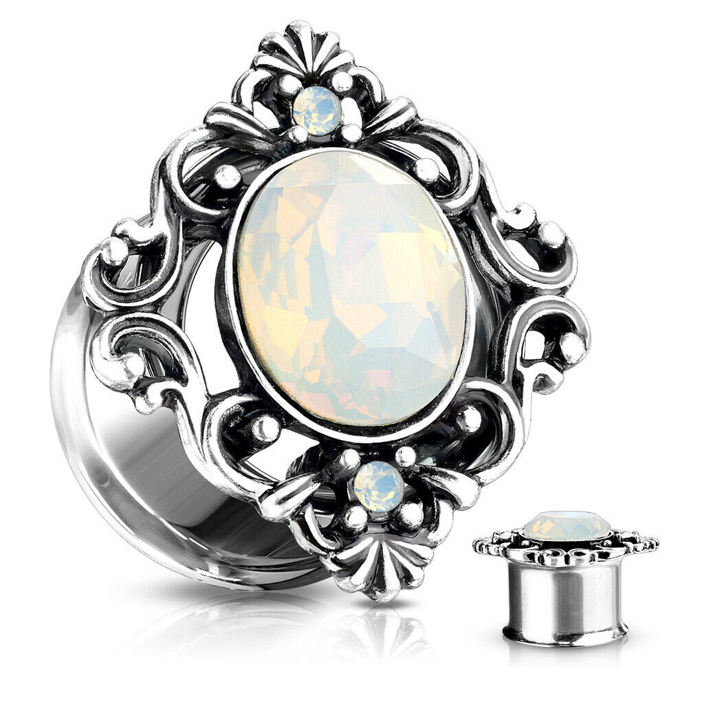 PAIR Oval Opalite Stone Filigree Tunnels Surgical Steel Plugs Earlets Gauges