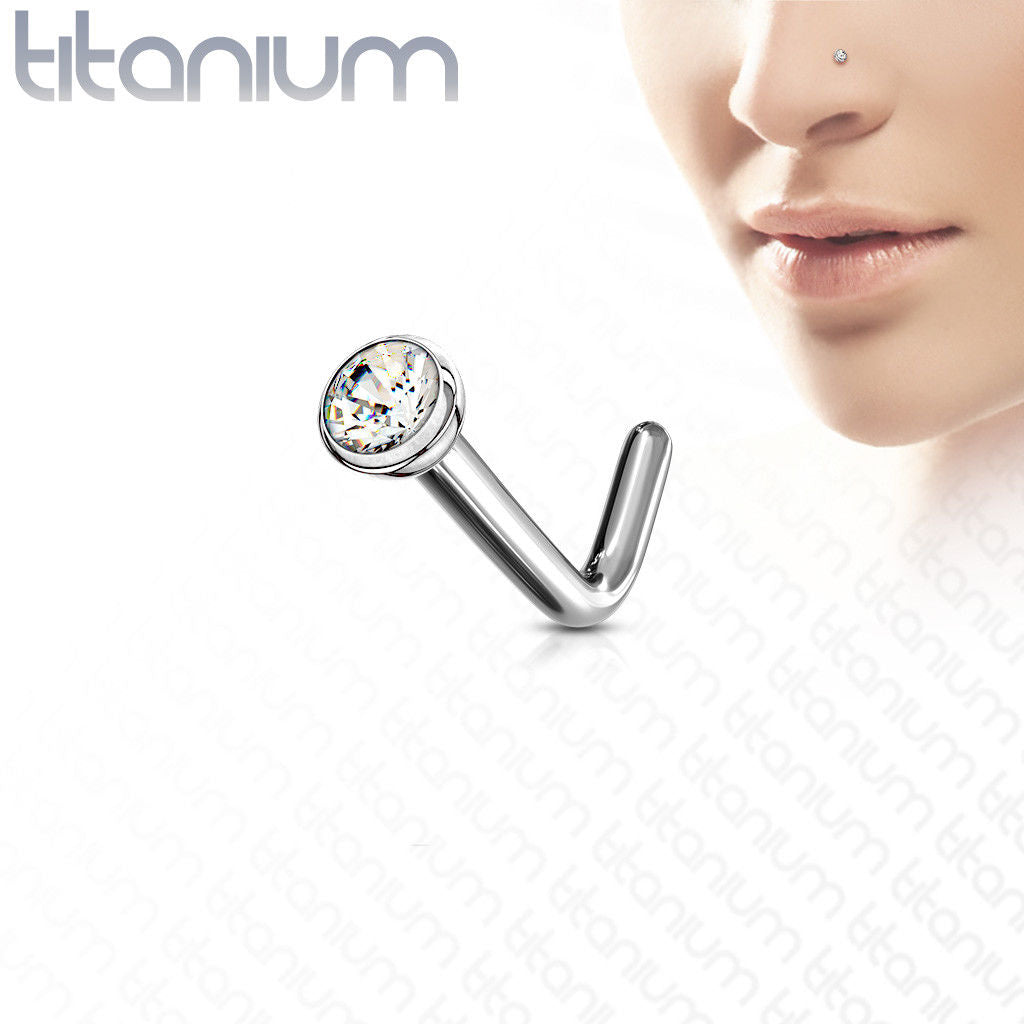 1pc Solid Implant Grade Titanium Grade 23 6AL4V-ELi L-Bend Bezel Gem Nose Ring