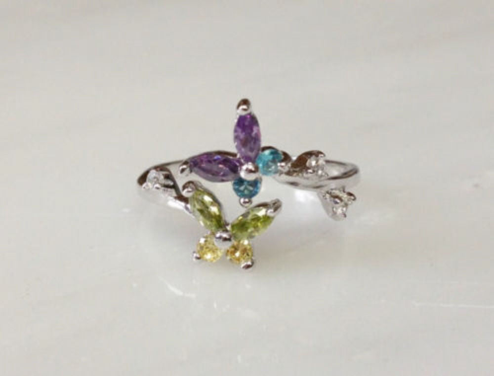 .925 Sterling Silver Multicolored Butterfly CZ Gems Toe Ring