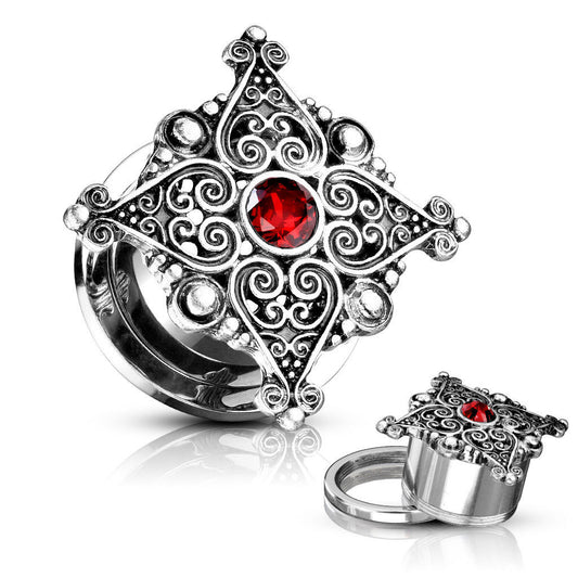 PAIR Heart Filigree w/ Red Gem Tunnels Plugs