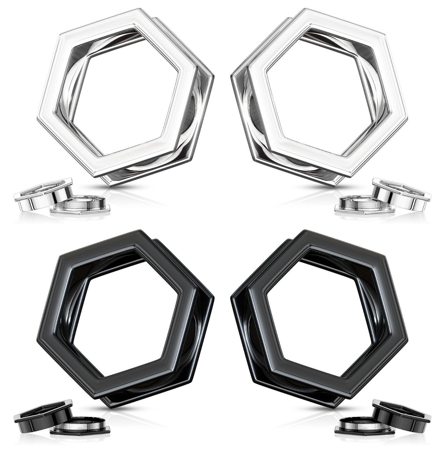 PAIR Hexagon 316L Surgical Steel Screw Fit Tunnels Plugs, Black or Silver