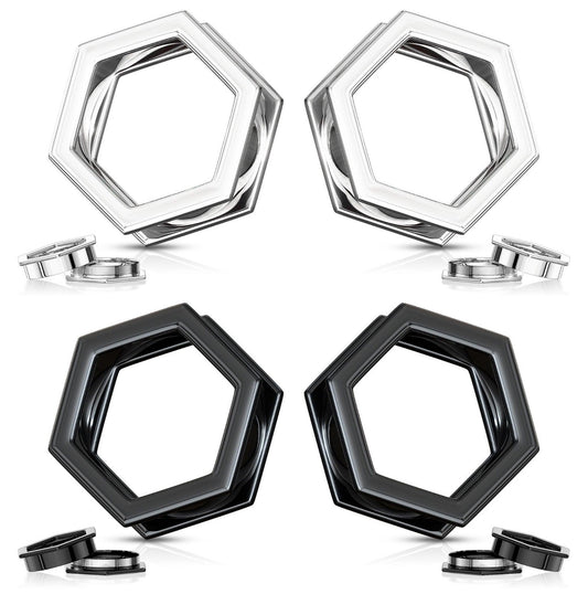 PAIR Hexagon 316L Surgical Steel Screw Fit Tunnels Plugs, Black or Silver