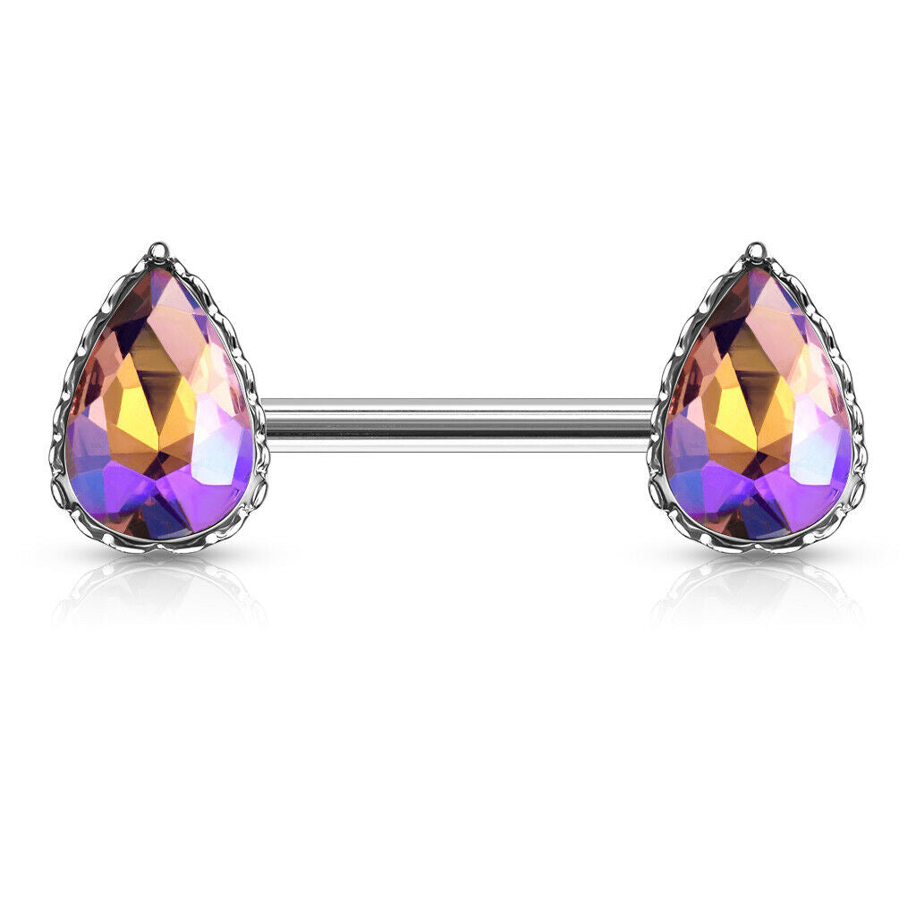 PAIR Aurora Borealis Effect Crystal Gem Tear Drop Nipple Rings Shield Barbells