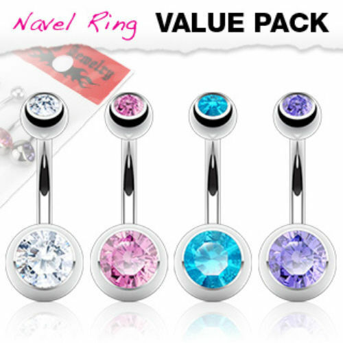 4pc Value Pack Double Gem 316L Surgical Steel Belly Ring Pierced Navel Naval