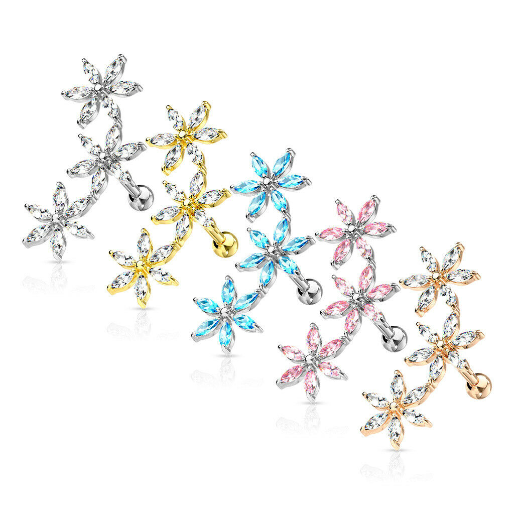 1pc Marquise CZ Gem Flowers Curve Helix Barbell Tragus Cartilage Ring 16g 1/4"