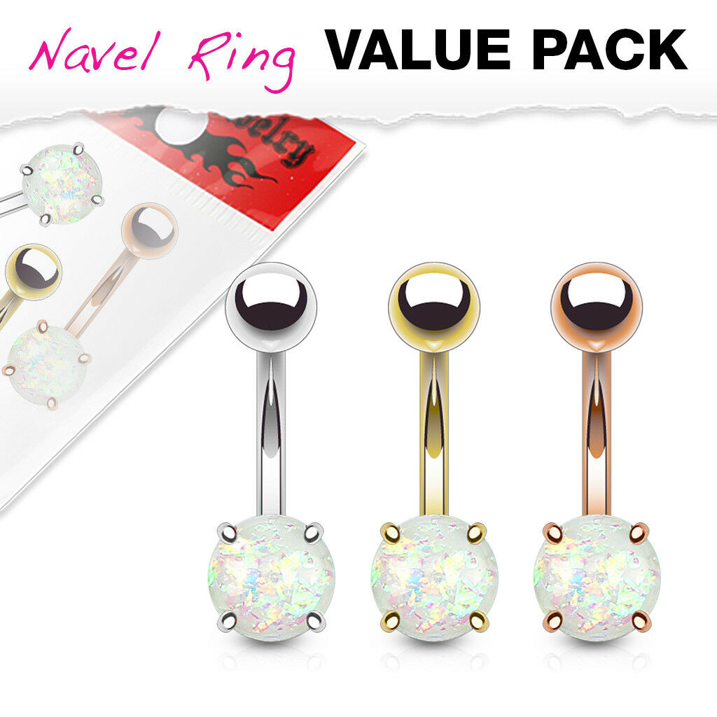 3pc Value Pack Ion Plated Steel w/ Opal Belly Rings 14g Navel Naval Body Jewelry
