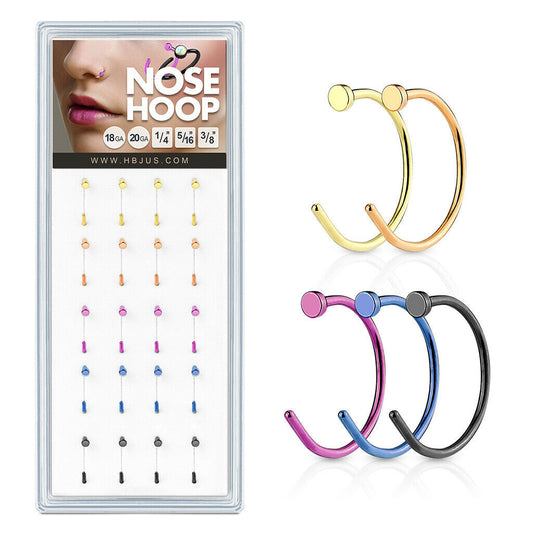 20ct Nose Hoops Display 316L Surgical Steel Nostril Piercings 5 Colors!