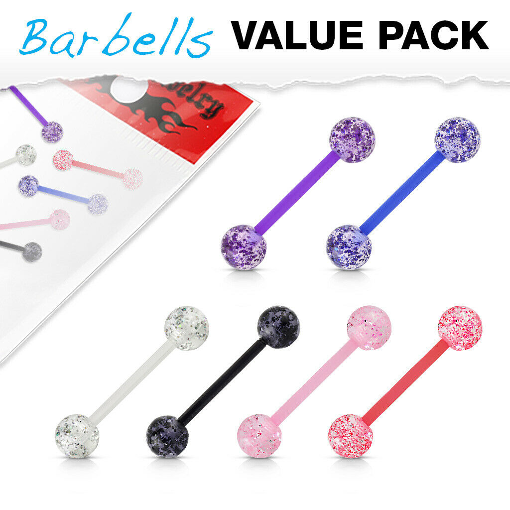 6pc Value Pack Super Glitter Balls Tongue Rings 14g Tounge Body Jewelry No Metal