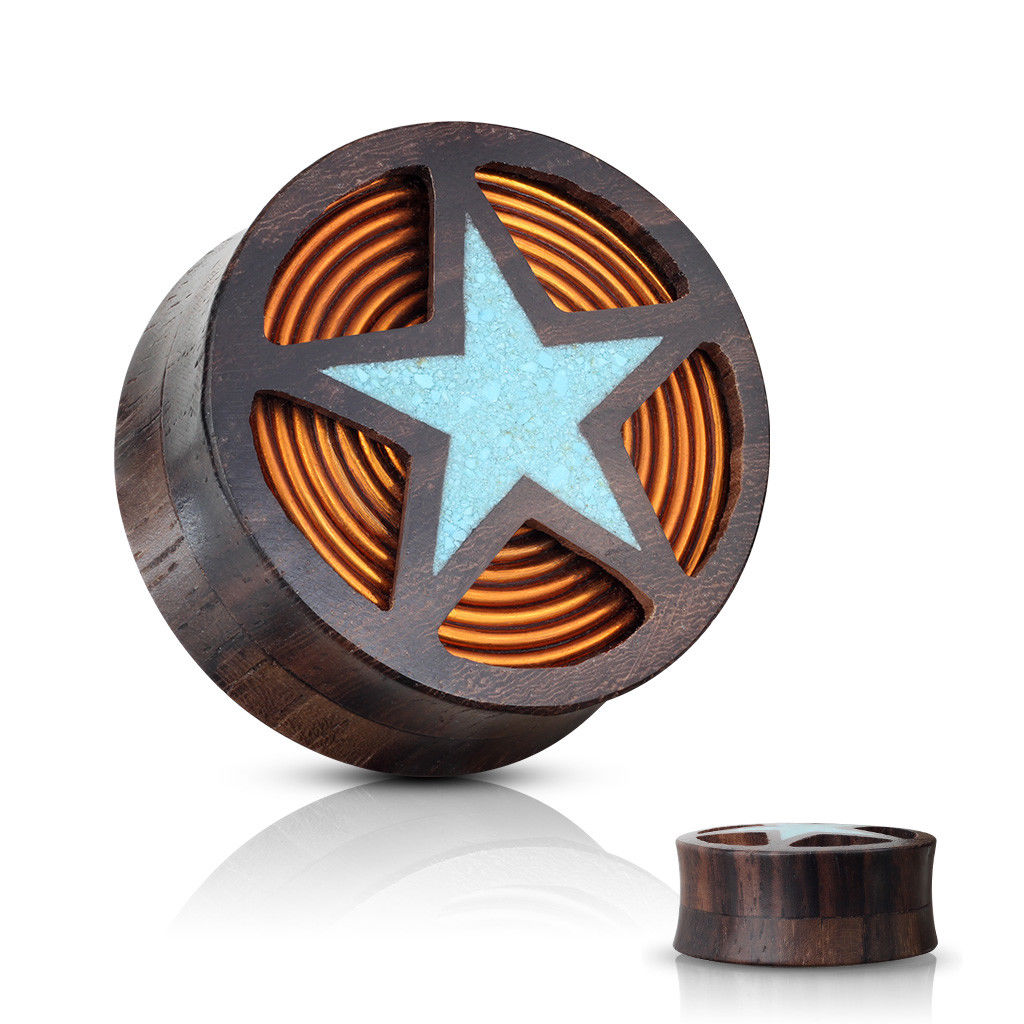 PAIR Sono Wood Plugs w/ Crushed Turquoise Star & Copper Coil