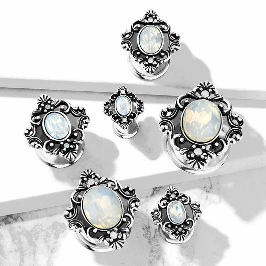 PAIR Oval Opalite Stone Filigree Tunnels Surgical Steel Plugs Earlets Gauges