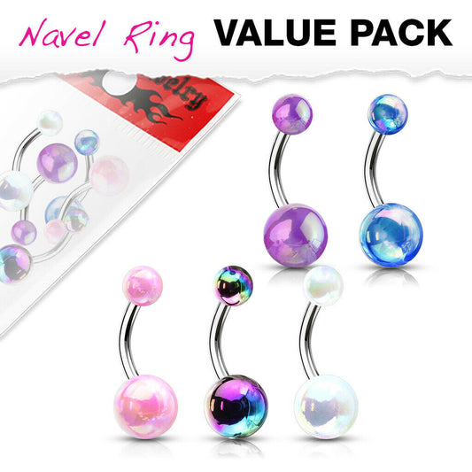 5pc Value Pack Metallic AB Coated Belly Rings 14g Navel Naval Body Jewelry