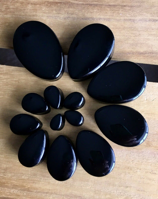 PAIR Teardrop Black Onyx Stone Plugs Tear Drop Ear Piercing Earlets Gauges