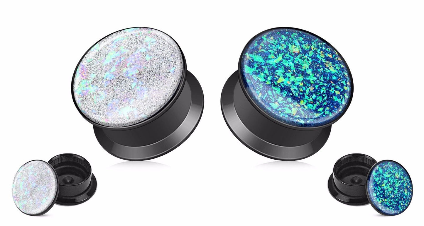 PAIR Opal Glitter Internally Threaded Black Acrylic Stash Plugs