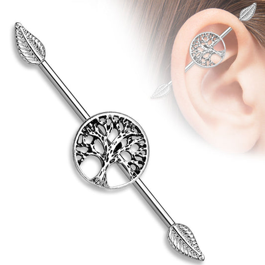 1pc Tree of Life Centered w/ Leaf Ends Industrial Barbell