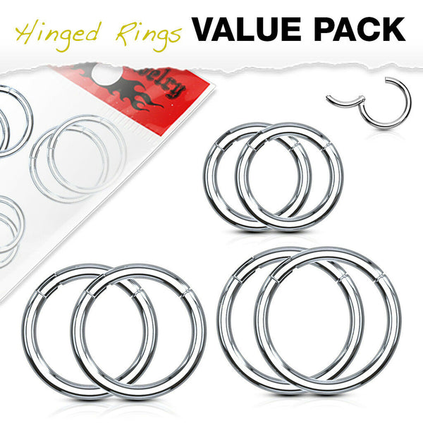 6pc Value Pack Hinged Segment Rings Cartilage Tragus Nipple Septum Nos ...