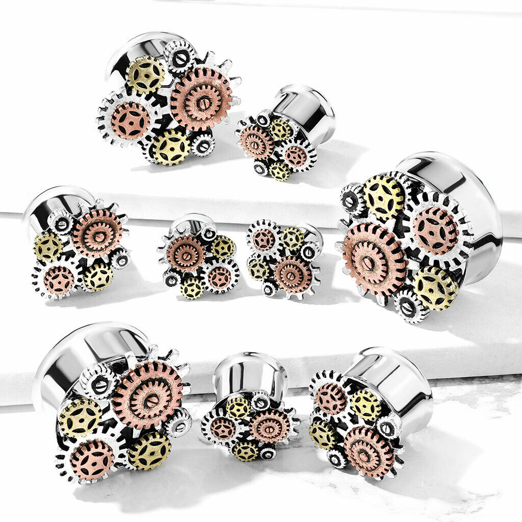 PAIR Steampunk Gears Tunnels Double Flare Surgical Steel Plugs Earlet Gauges