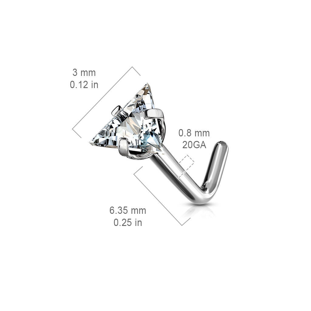 1pc Solid Grade 23 Titanium L-Bend Nose Ring w/ Triangle CZ Gem