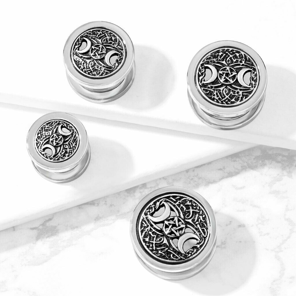 PAIR Pentagram Star & Two Crescent Moons Screw Fit Tunnels Plugs Earlets Gauges