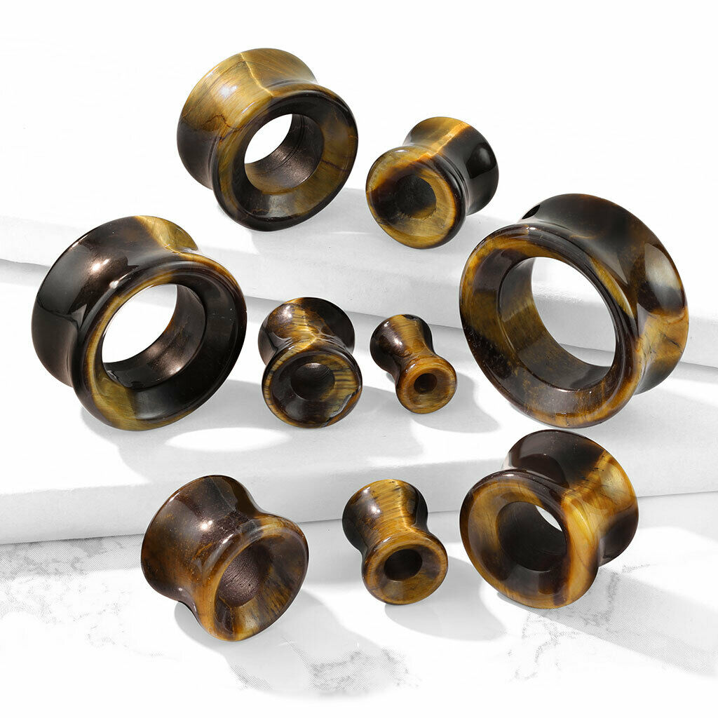 PAIR Tiger Eye Organic Stone Tunnels Double Flare Plugs Earlets Gauges