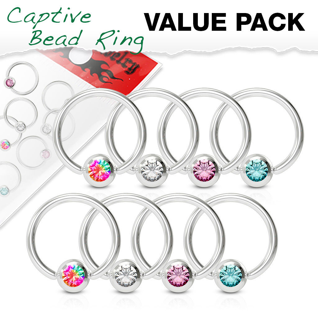 4 PAIR Value Pack Steel Gem Captive Bead Rings