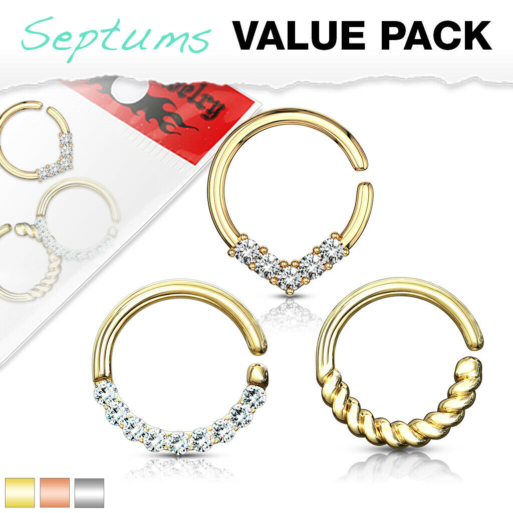 3pcs Bendable 16g Hoops Design Septum Tragus Ear Cartilage Rings Value Pack
