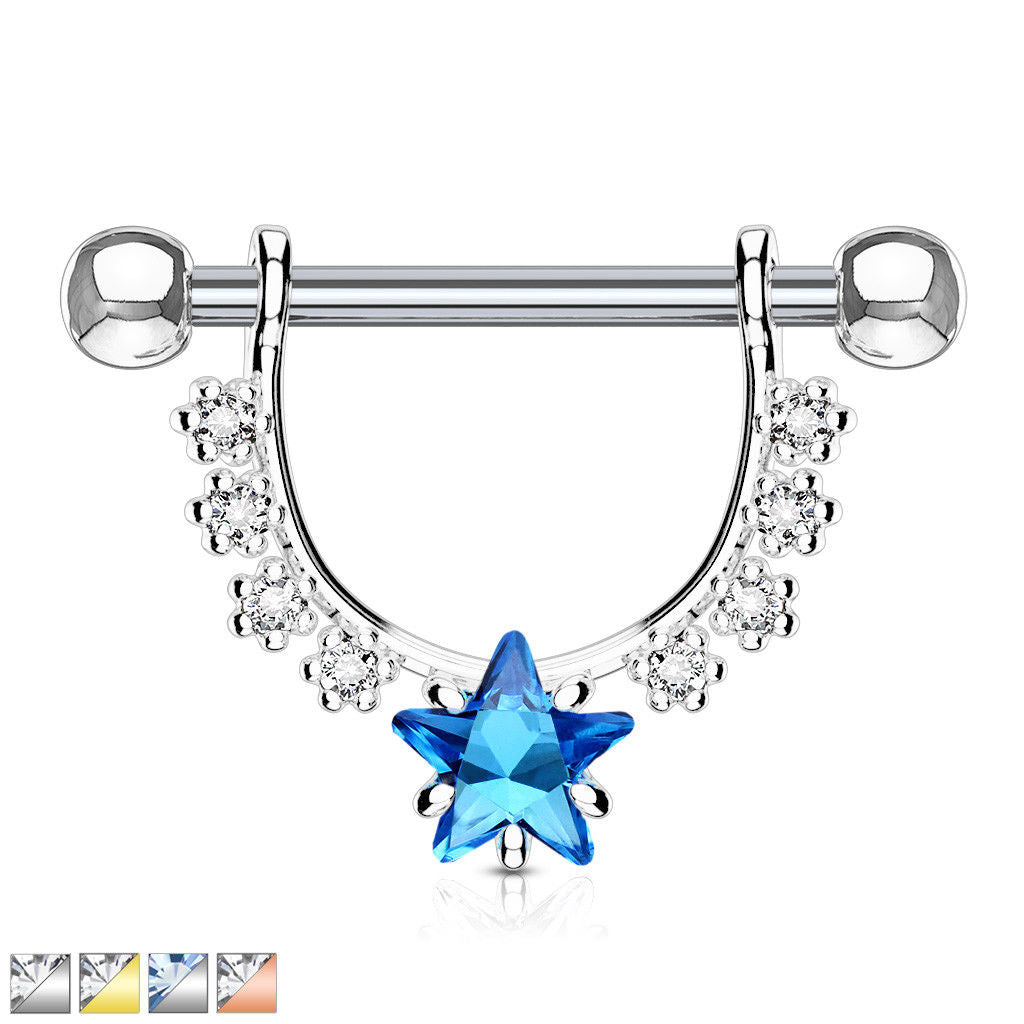 PAIR CZ Gem Star Center Dangle Nipple Rings Shields