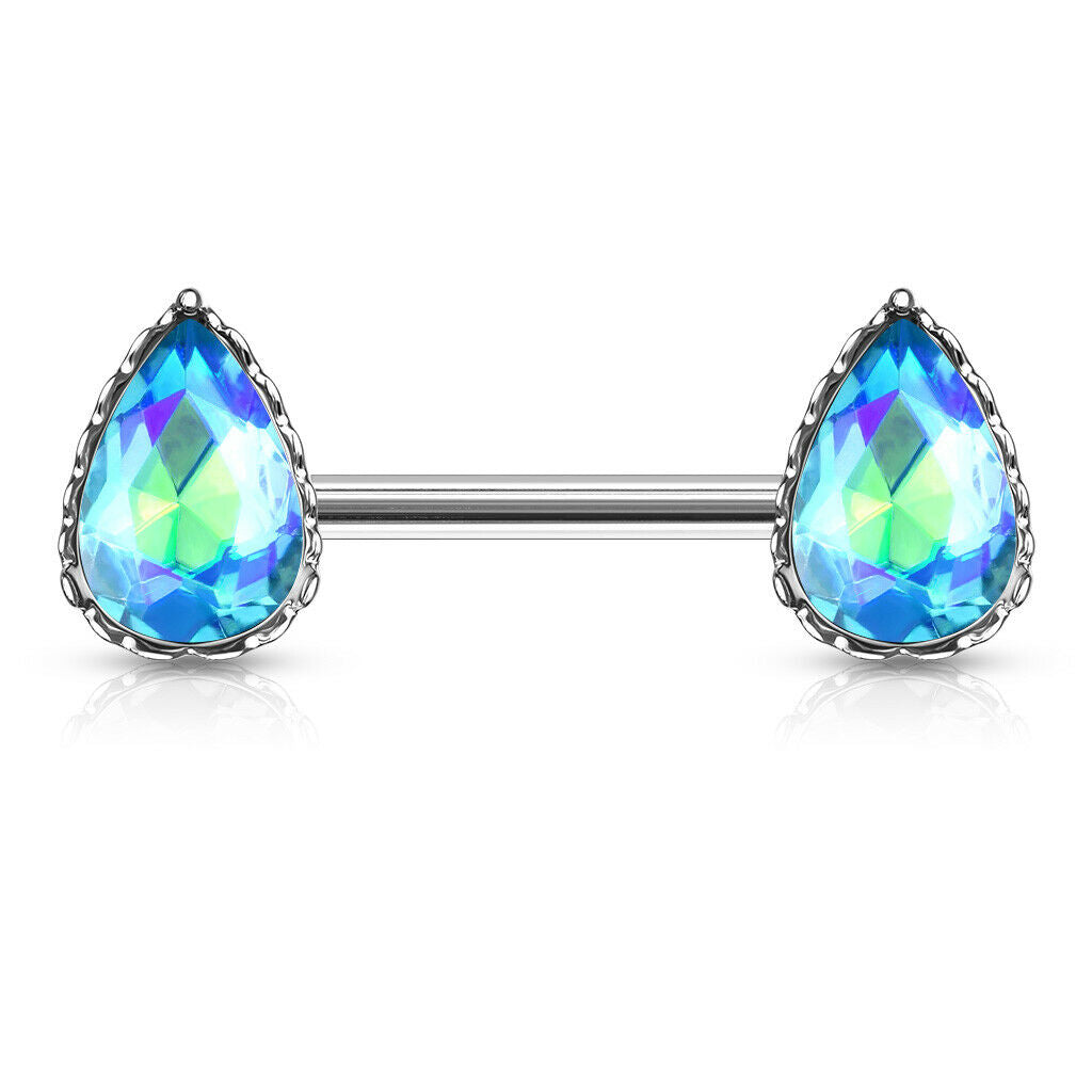 PAIR Aurora Borealis Effect Crystal Gem Tear Drop Nipple Rings Shield Barbells