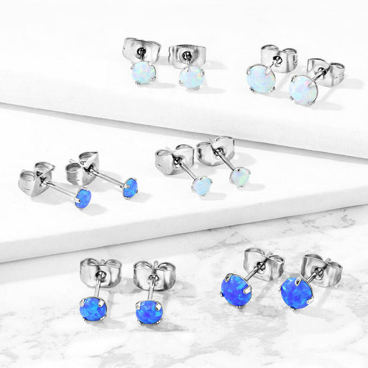 PAIR Prong Set Opal Earrings 316L Surgical Steel - choose from 2 colors, 3 sizes