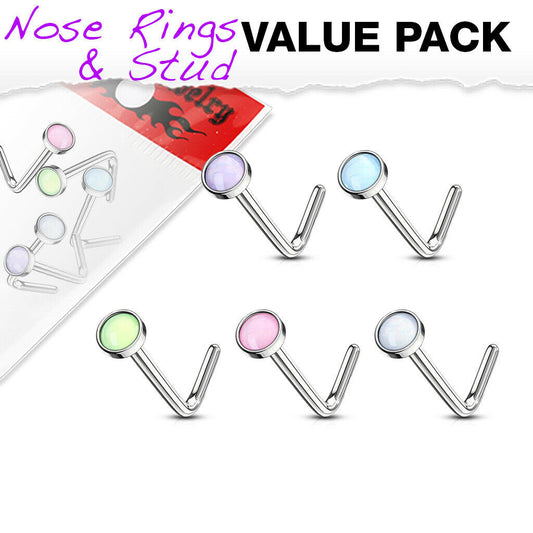 5pcs Illuminating Stone L-Bend 20g Nose Rings Surgical Steel Value Pack
