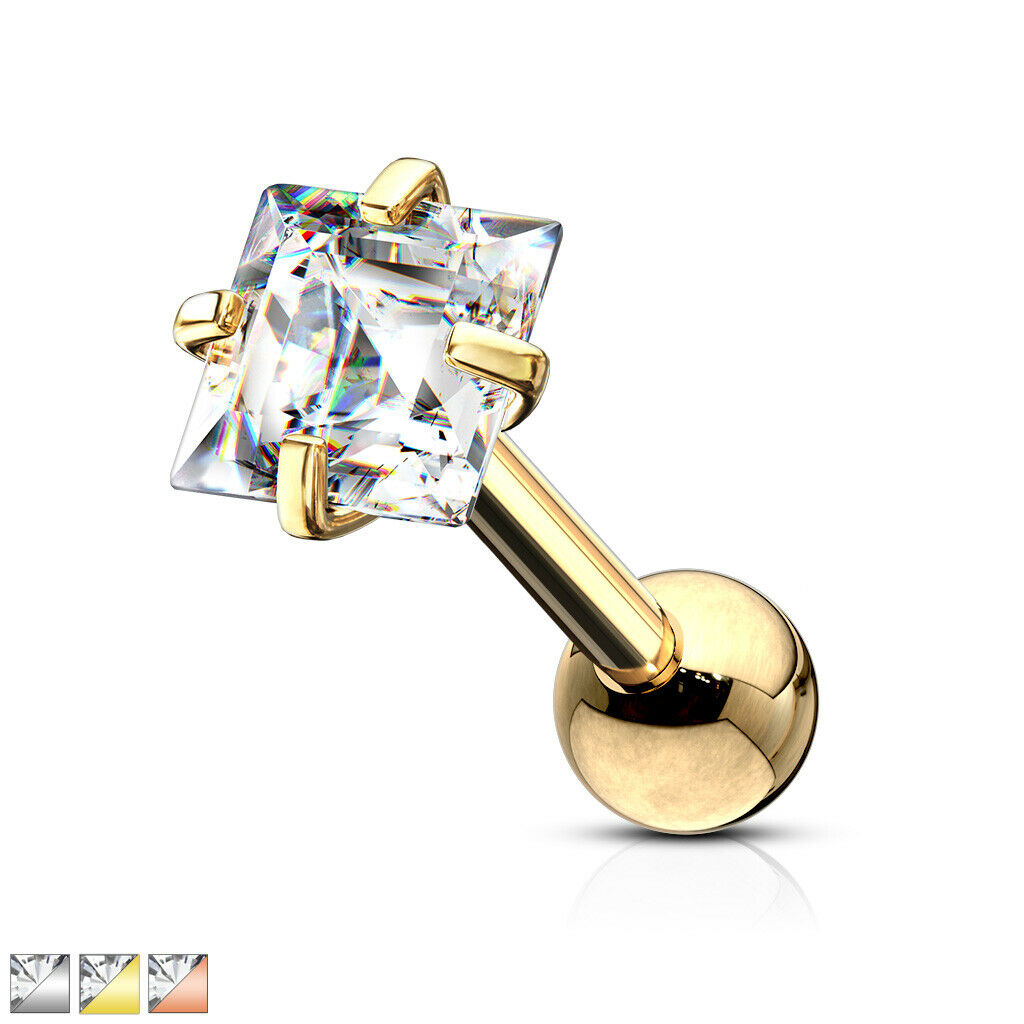 1pc Square CZ Gem Ion Plated Tragus Stud Helix Cartilage Ring Earring 16g 1/4"