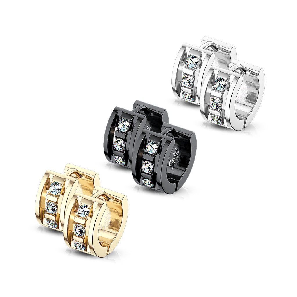 PAIR of Hoop Hinged Huggie Earrings 3 CNC Set CZ Gems