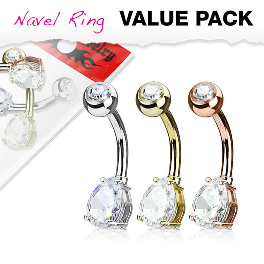 3pc Value Pack Tear Drop Prong Set CZ Gem Gold Plated Belly Rings Navel Naval