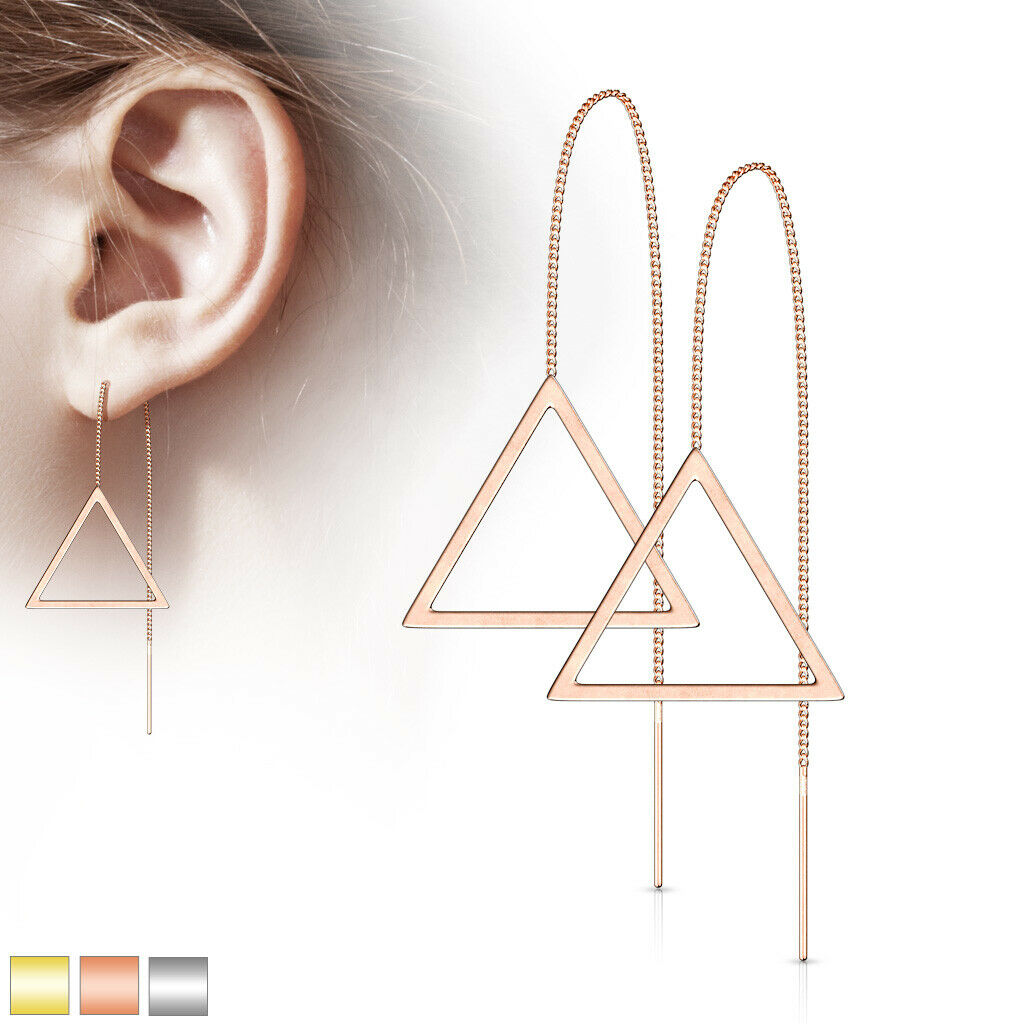 PAIR of Free Falling Chain Earrings w/ Bar & Open Triangle 20g Stainless Steel