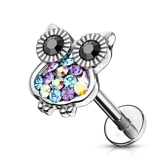 1pc Multi Color Gemmed Owl Labret 16g Internally Threaded Steel Helix Tragus