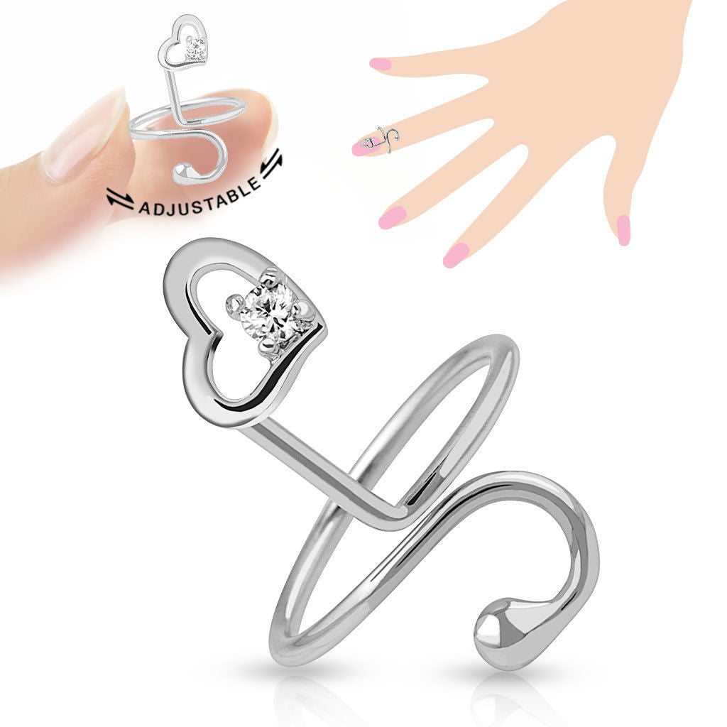 Heart Single CZ Gem Adjustable Nail Ring / Toe Ring