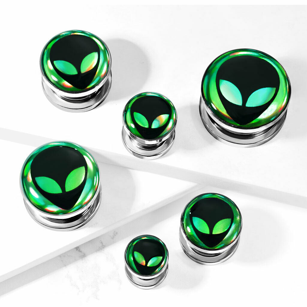 PAIR Alien Hologram Screw Fit Tunnels Ear Plugs Gauges Earlets Body Jewelry