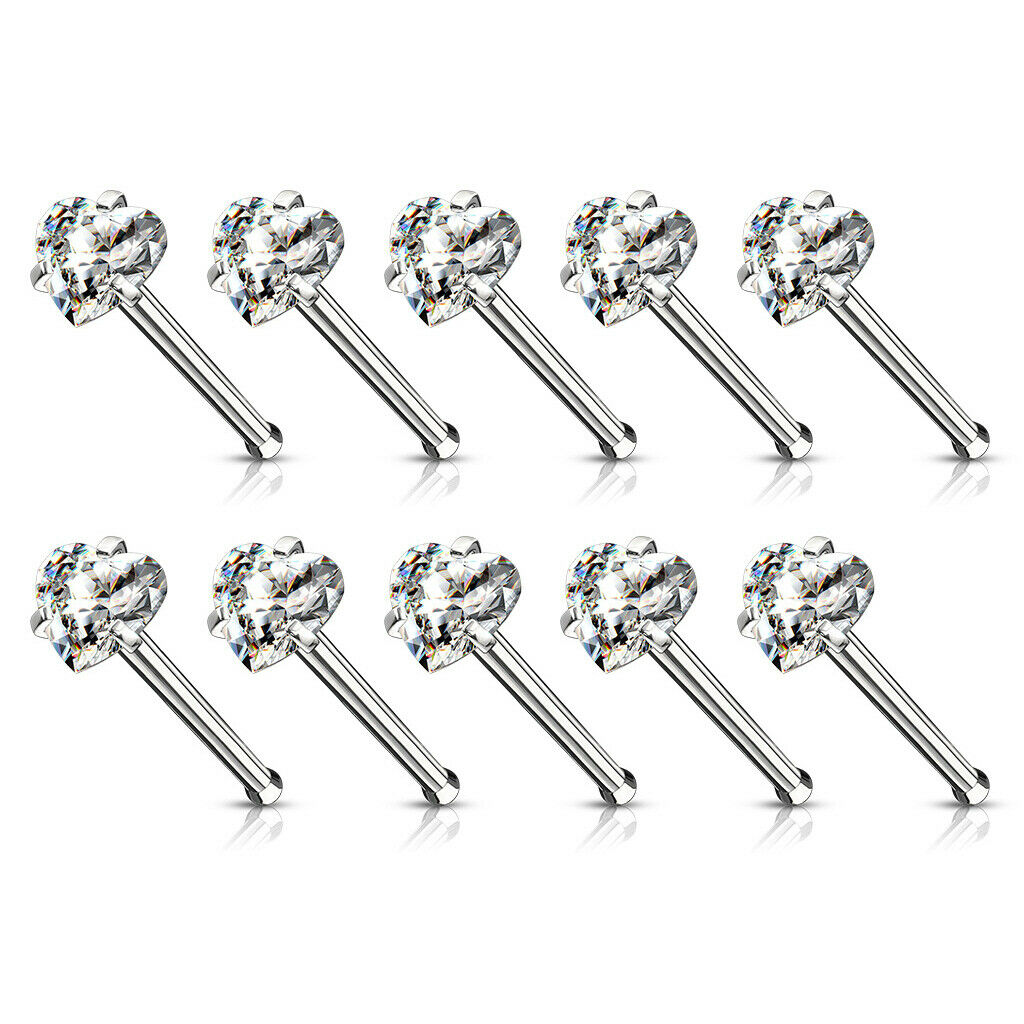 10pcs Prong Set Clear Heart Gem Nose Ring Studs 18g 20g Wholesale Body Jewelry