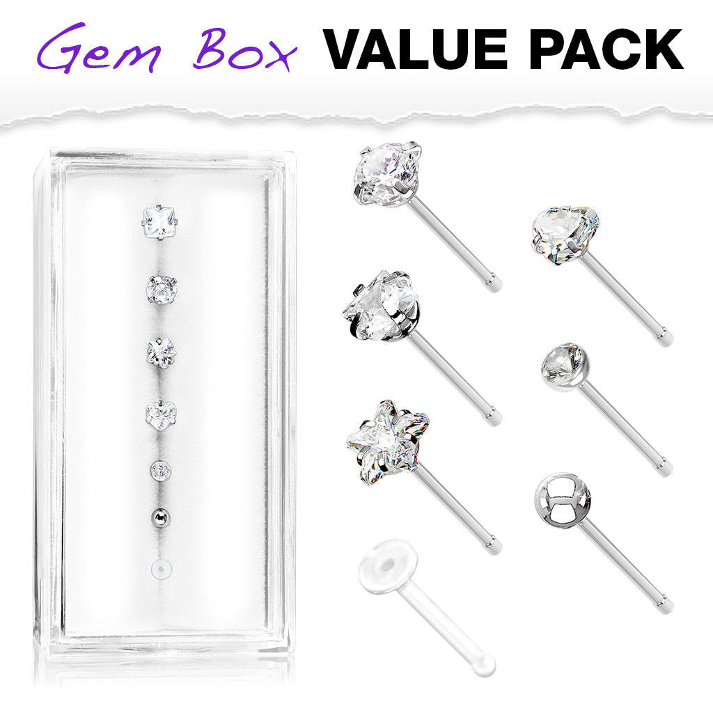 7pc Box Value Pack CZ Gem Shapes 20g Steel Nose Stud Bone Rings, w/ Retainer
