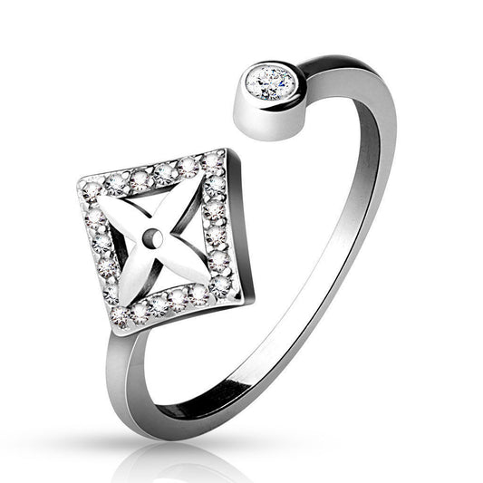 .925 Sterling Silver CZ Paved Square w/ Cross Adjustable Toe Ring