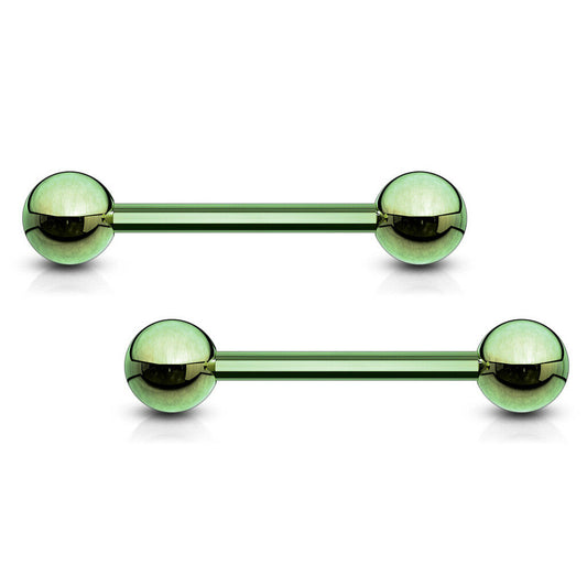 PAIR Green Titanium Nipple Barbells Tongue Rings 14g - choose your length