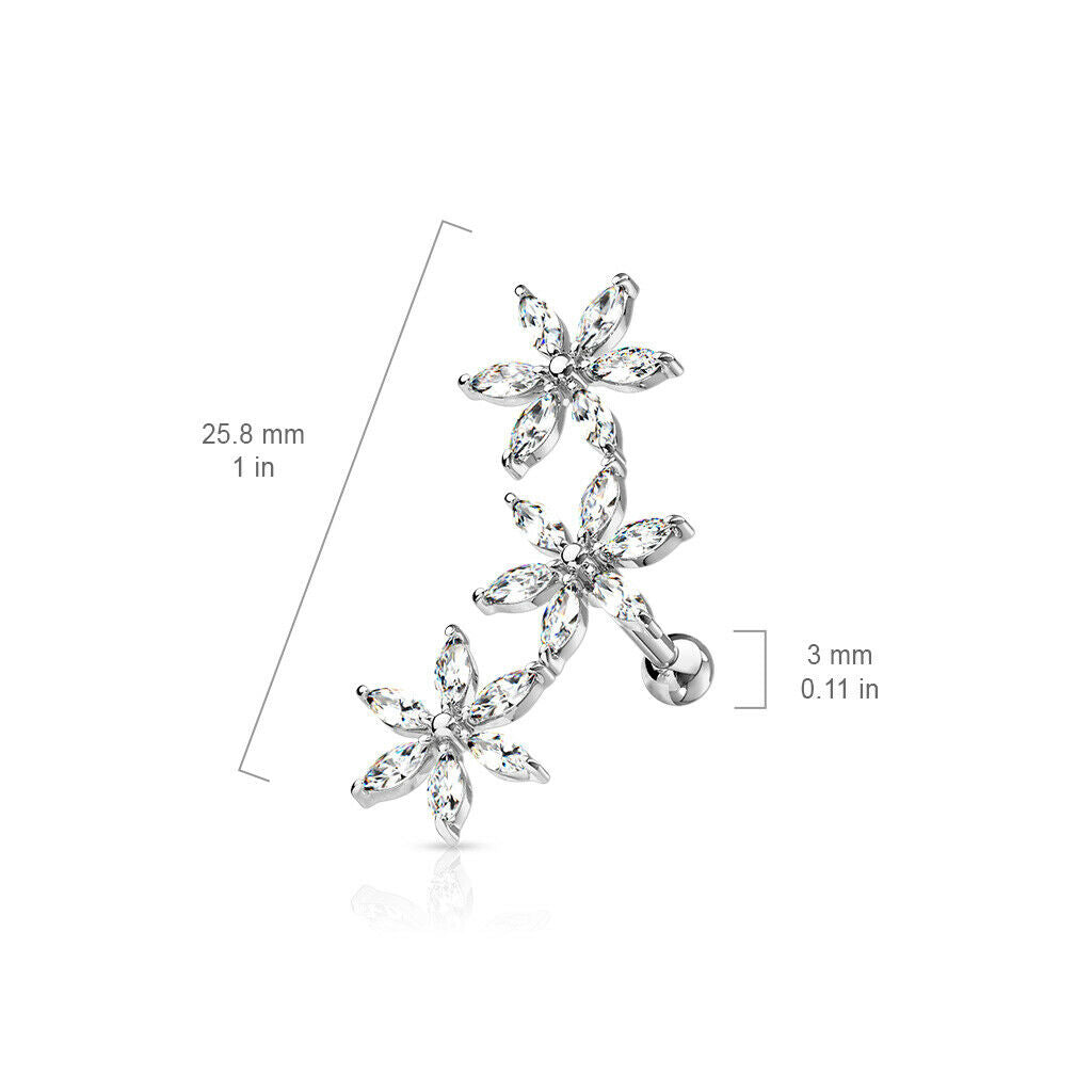 1pc Marquise CZ Gem Flowers Curve Helix Barbell Tragus Cartilage Ring 16g 1/4"