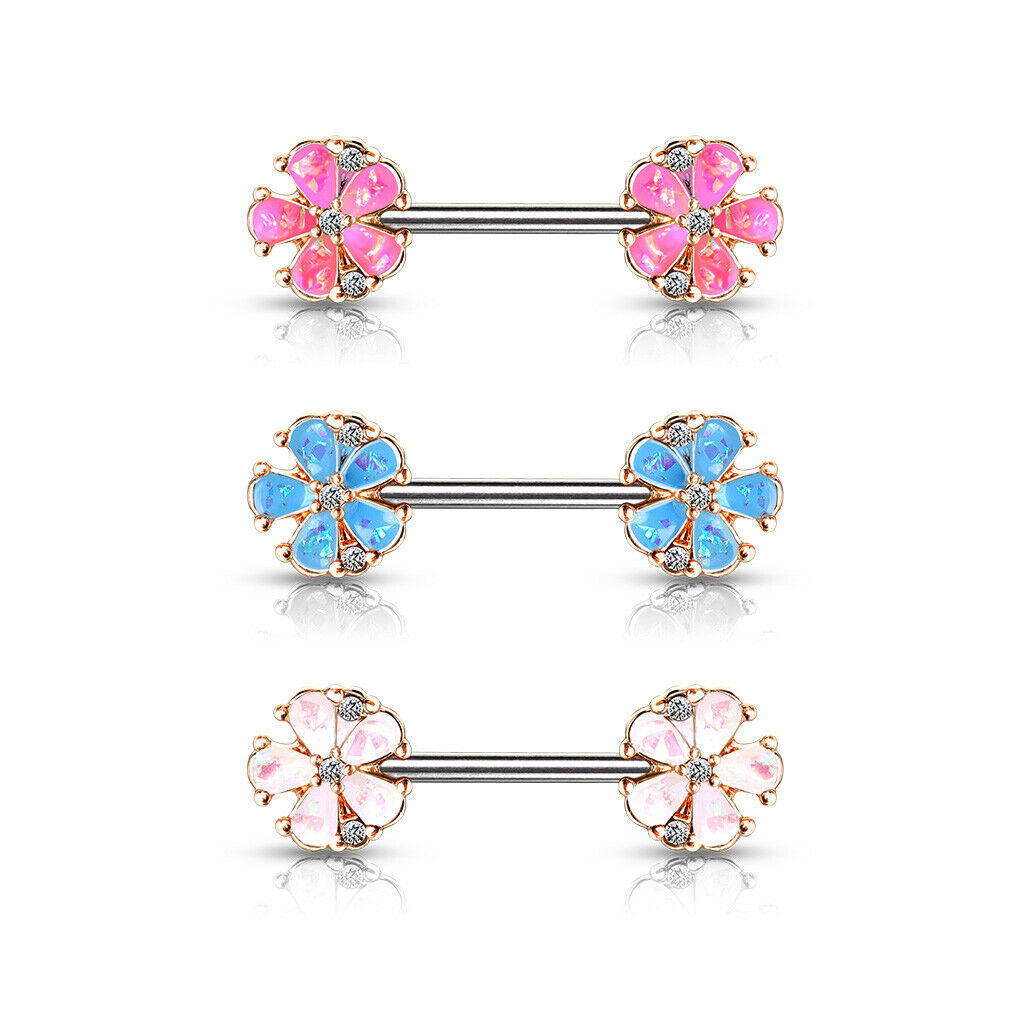 PAIR Opal Glitter Flower Petals Nipple Rings Rose Gold Shields Barbells