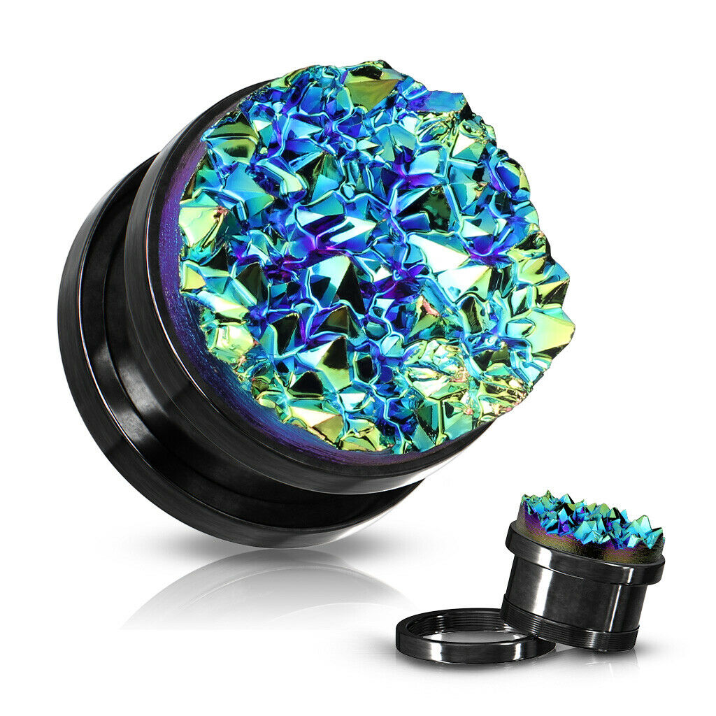PAIR Synthetic Blue Druzy Stone Screw Fit Tunnels Plugs Gauges Body Jewelry