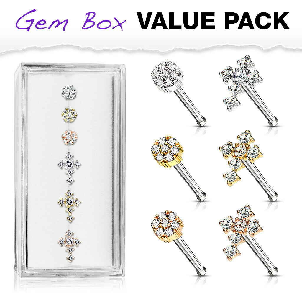 6pcs Cross & Circle Flower CZ Gem Nose Stud Bone Rings 20g Steel Box Value Pack