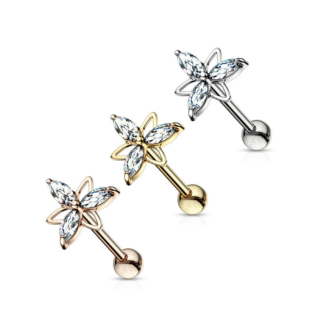 1pc Marquise Gem Double Triangle Flower Tragus Helix Cartilage Barbell Ring