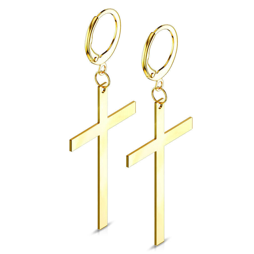 Pair of Cross Earrings in Black, Silver and Gold Colors, Hinged Hoop w —  Vital Body Jewelry