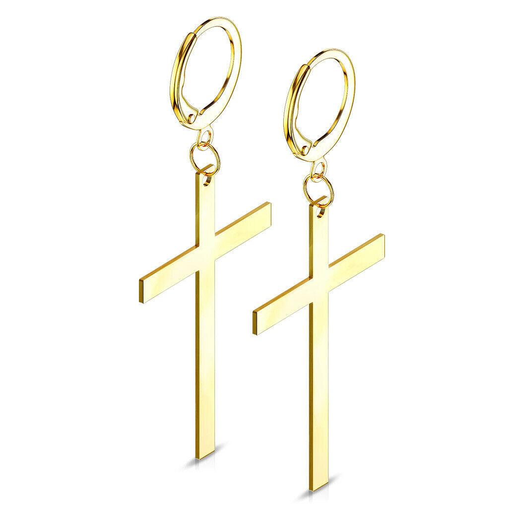 PAIR Hoop Earrings w/ Large Cross Dangle Stainless Steel - Gold, Black or Silver