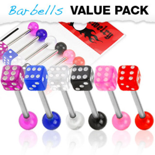6pc Value Pack Acrylic Dice Steel Tongue Rings