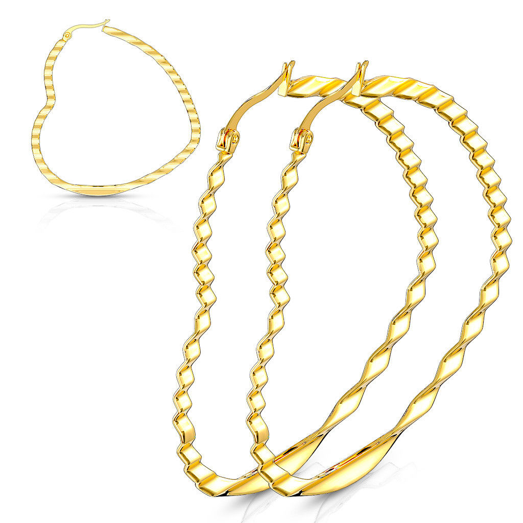 PAIR of Wave Pattern Heart Hoop Earrings 22g Gold Ion Plated Stainless Steel